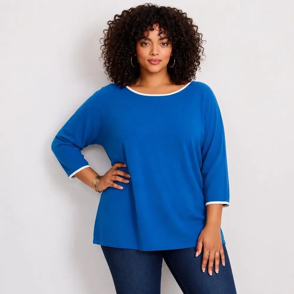 Cyrus Mykonos Blue Knit Soft Sweater 1X Lightweight Boat Neck Office Top NWT